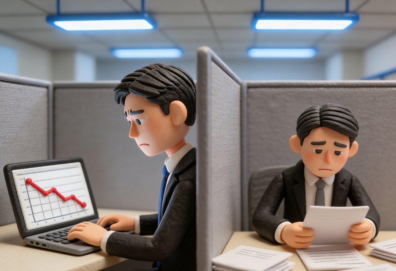 A boss studies declining sales reports, trying to understand the slowdown.